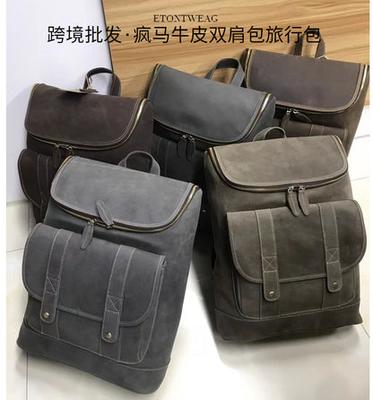 Men's Backpack Genuine Cowhide Leather Crazy Horse Retro Unisex Travel Bag 