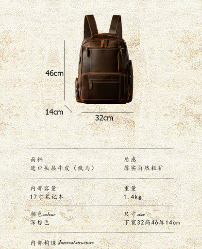 Men's Rucksack Handmade Cowhide Crazy Horse Retro Travel Luggage Computer Bag for Men 