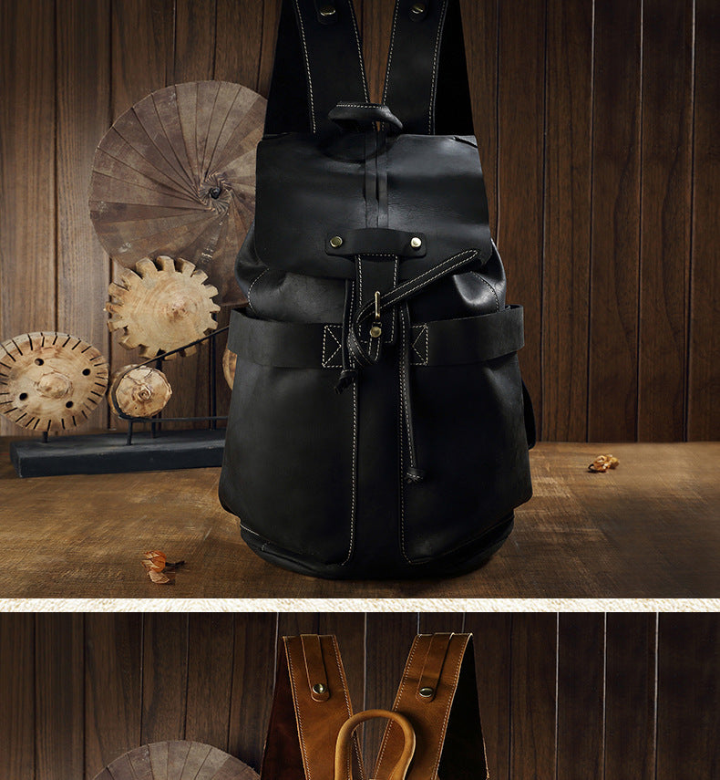 Men's Backpack Genuine Cowhide Leather Handmade Fashion Casual Travel Retro Crazy Horse Men's Bag 