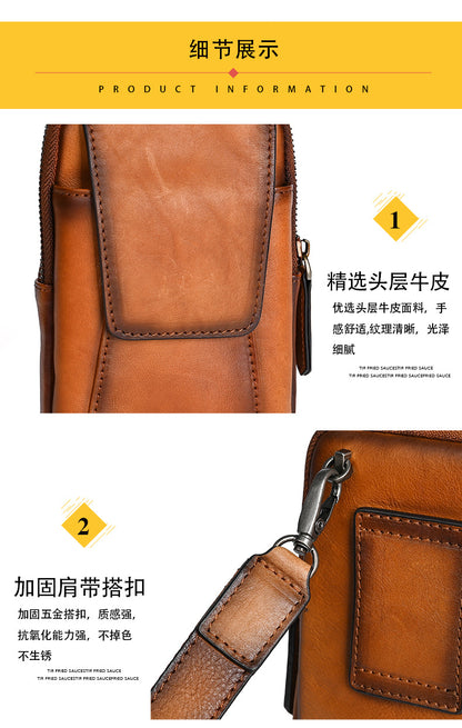 Men's Shoulder Bag Smartphone Pouch Cowhide Genuine Leather Retro Casual Crossbody Bag for Men 