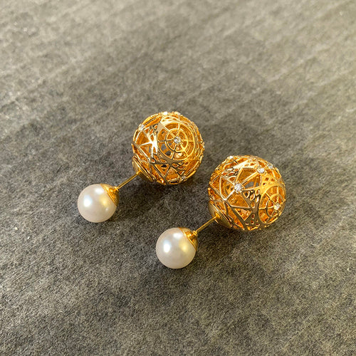 D Small Pearl Earrings Women's Temperament Luxury Openwork Retro Luxury Earrings 