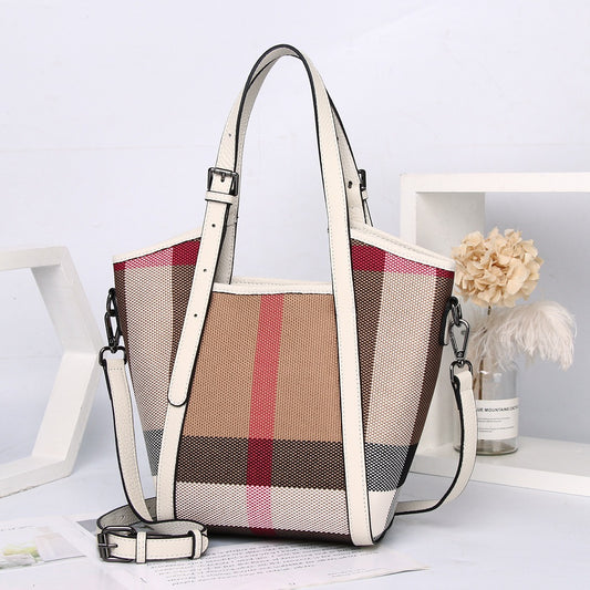 Women's handbag bag bag plaid tote bag genuine leather bag cotton linen shoulder bag that goes with anything. Pochette