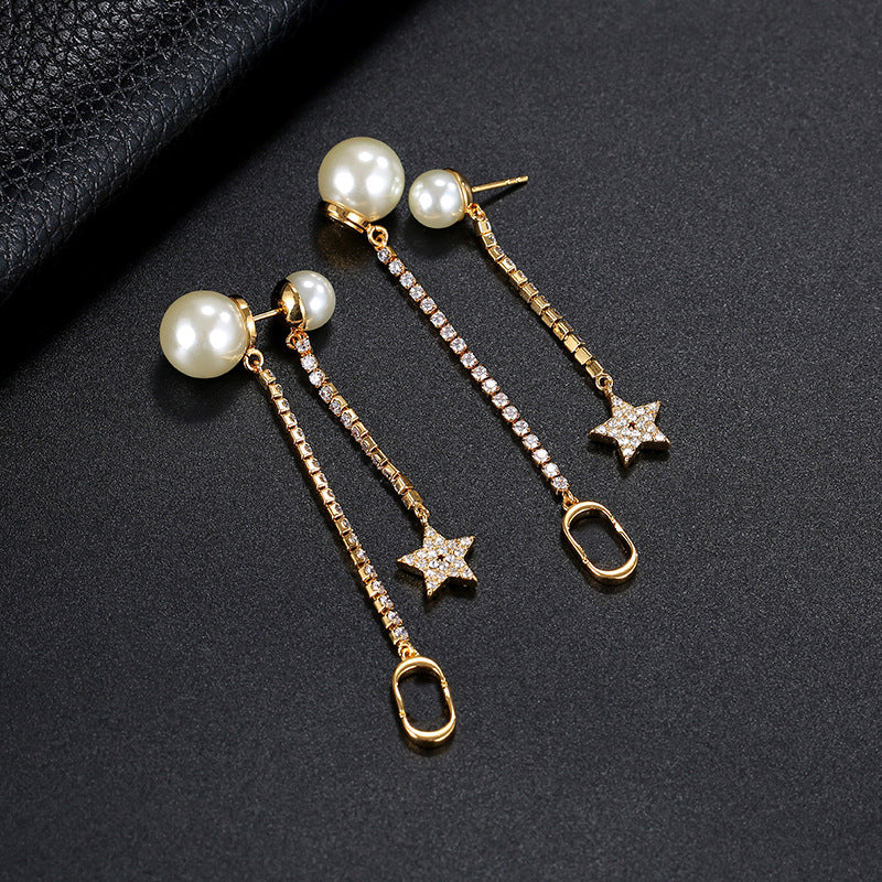 Women Earrings Pearl Fringe Long Cubic Chassis Pendant Earrings