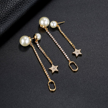 Women Earrings Pearl Fringe Long Cubic Chassis Pendant Earrings