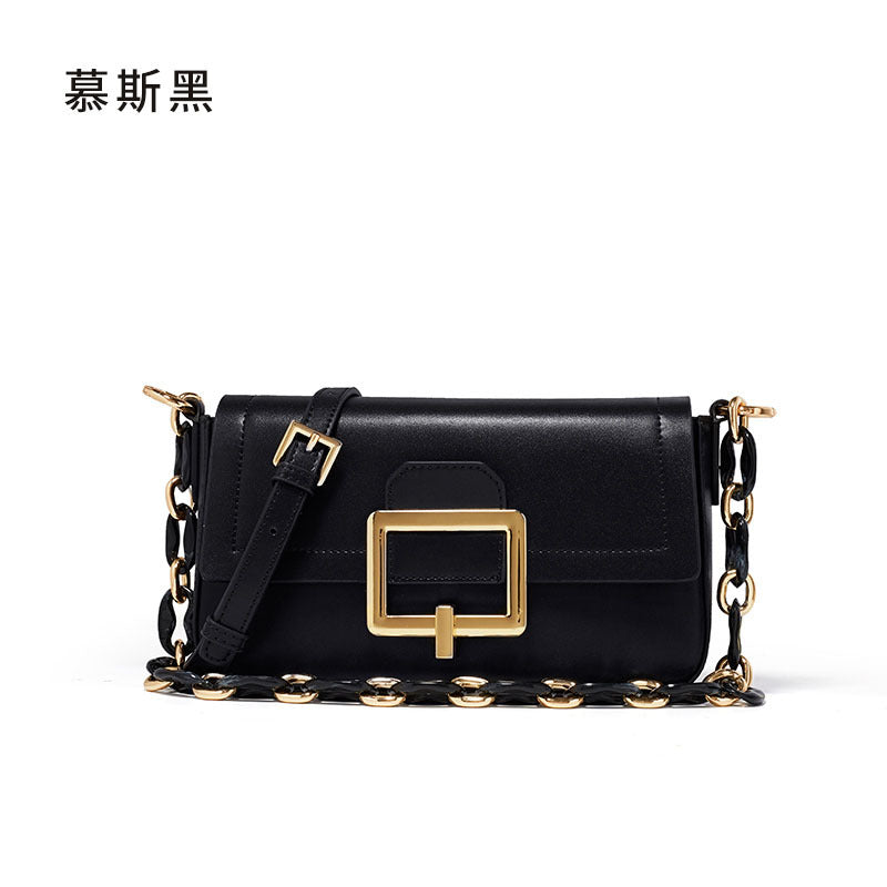 Women's Bag Chain Bag Genuine Leather Armpit Bag French Mini Textured Cowhide Square Bag Shoulder Bag.Pochette