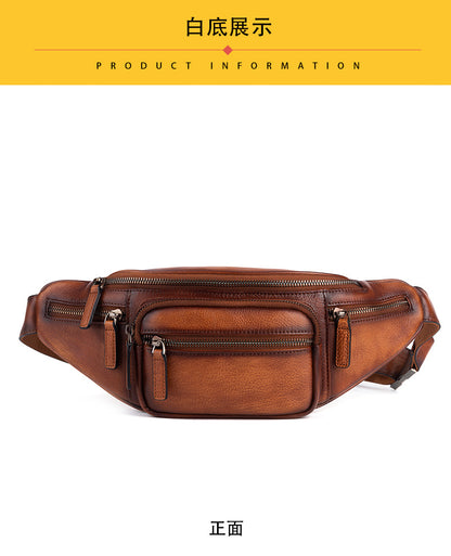 Men's Waist Pouch Genuine Cowhide Leather Retro Casual Bust Bag for Men 