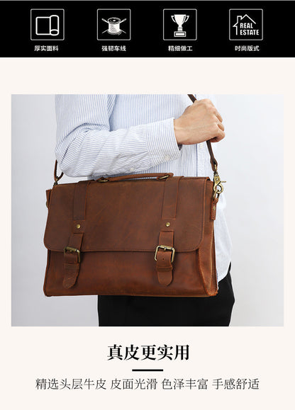 Men's Shoulder Bag Briefcase Retro Cowhide Crazy Horse Commuter Casual Crossbody Bag for Men Computer Bag 