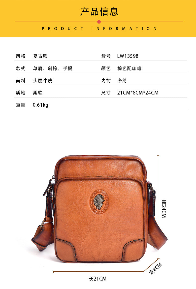 Men's Shoulder Bag Genuine Cowhide Leather Casual Retro Crossbody Bag for Men 