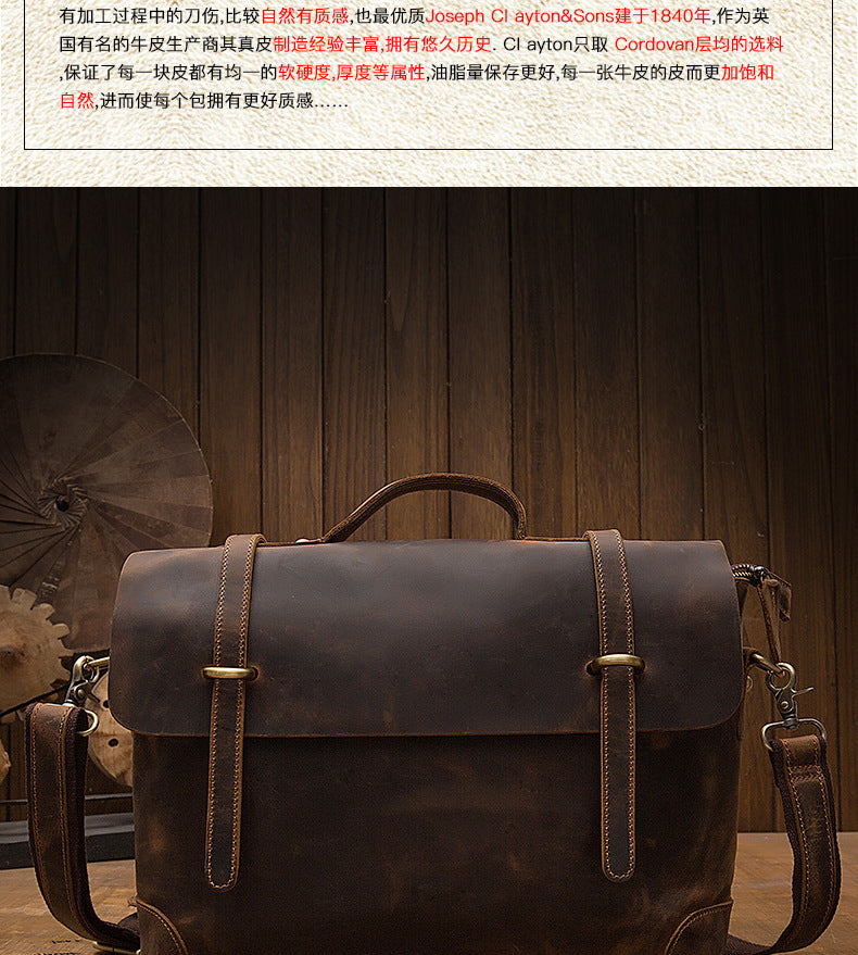 Men's Messenger Bag Handmade Genuine Cowhide Leather Crazy Horse Retro Handbag Handbag Men's Briefcase Crossbody Shoulder Bag 