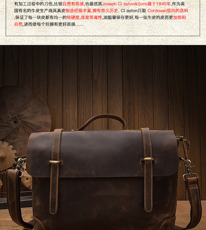 Men's Messenger Bag Handmade Genuine Cowhide Leather Crazy Horse Retro Handbag Handbag Men's Briefcase Crossbody Shoulder Bag 