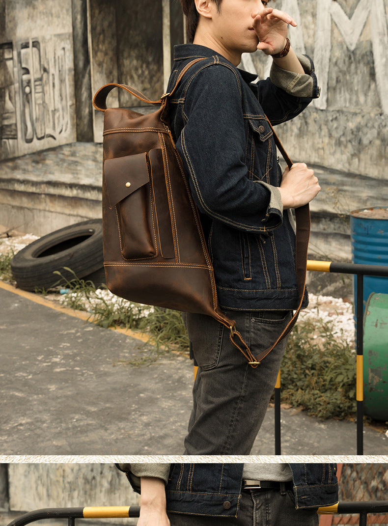 Men's Crossbody Bag Cow Leather Crazy Horse Handmade Retro Unique Fashion Multifunctional Shoulder Bag 