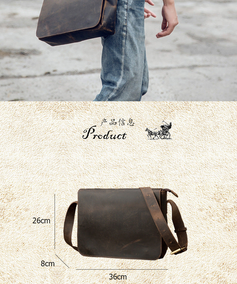 Men's Messenger Bag Handmade Genuine Cowhide Leather Crazy Horse Retro Casual Shoulder Bag Crossbody Computer Bag 