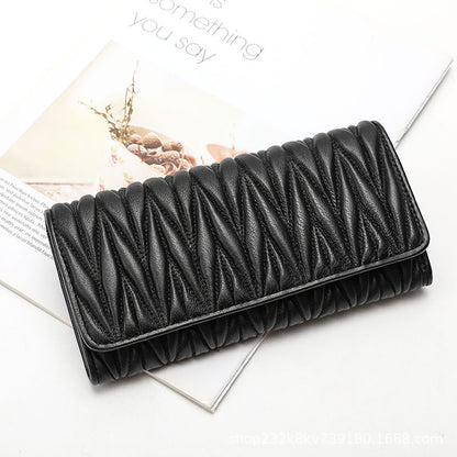 Women's Wallet Sheep Leather Clutch Bag Pleated Genuine Leather Long Wallet Fashion Wallet Women's Wallet