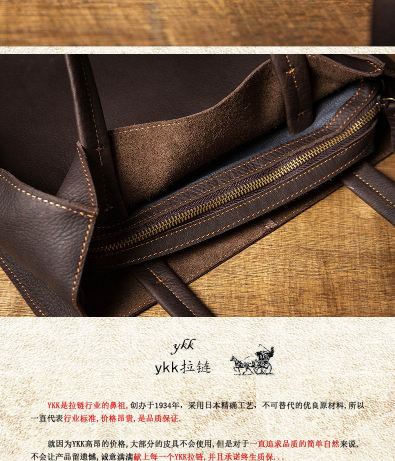 Men's Tote Bag Original Handmade Cowhide Genuine Leather Crazy Horse Shopping Retro Casual Handbag Shoulder Bag 