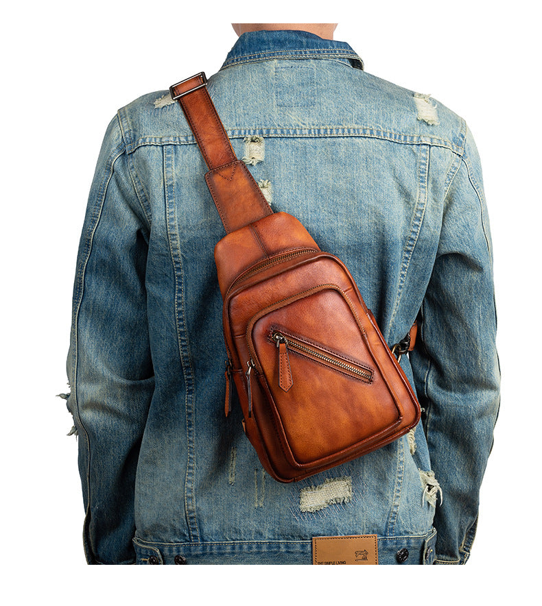 Men's Crossbody Bag Genuine Cowhide Leather Retro Casual Men's Bust Bag 