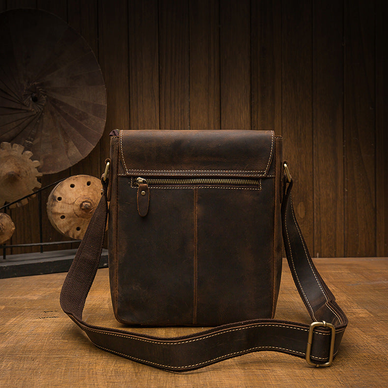 Men's Shoulder Bag Cowhide Genuine Leather Crazy Horse Retro Unique Casual Fashion Crossbody Bag for Men 