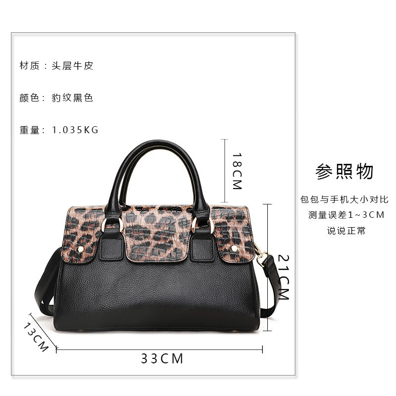 Genuine leather leopard print women's bag Boston bag large capacity handbag cowhide fashion shoulder bag. Pochette