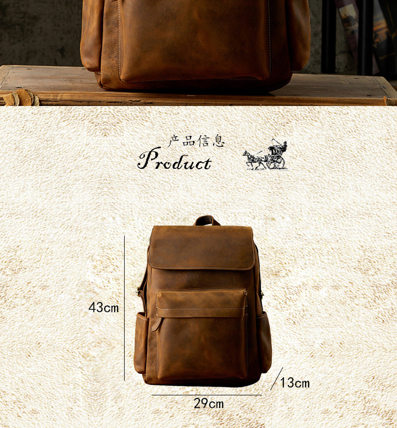 Men's Backpack Handcrafted Genuine Cowhide Leather Fashion Retro Crazy Horse Men's Travel Bag 