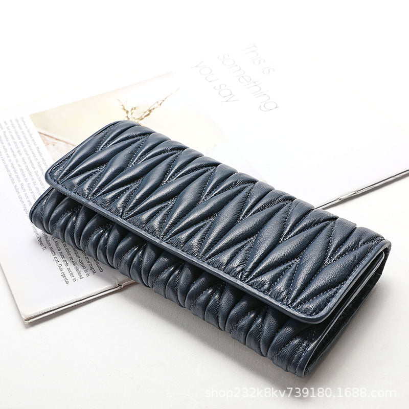 Women's Wallet Sheep Leather Clutch Bag Pleated Genuine Leather Long Wallet Fashion Wallet Women's Wallet