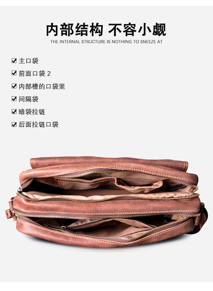 Men's Briefcase Genuine Cowhide Leather Retro Crossbody Bag Men's Shoulder Bag Computer Bag 