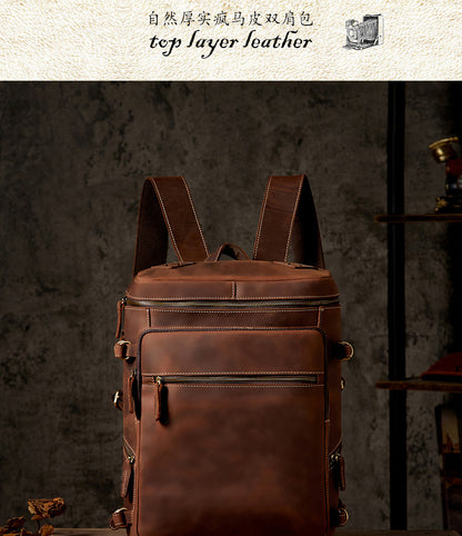 Men's Backpack Genuine Cowhide Leather Crazy Horse Handmade Large Capacity Casual Retro Fashion Travel Bag for Men 