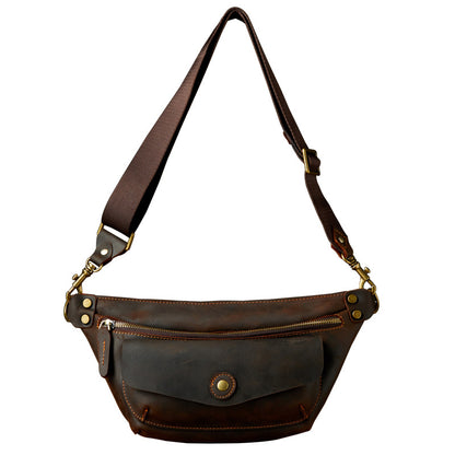 Men's Bust Bag Handmade Cowhide Genuine Leather Unique Waist Pouch Retro Casual Fashion Men's Crossbody Bag Shoulder Bag 