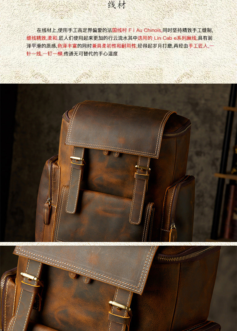 Men's backpack cowhide genuine leather handmade large capacity travel fashion computer bag 