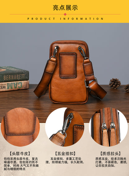 Men's Shoulder Bag Smartphone Pouch Cowhide Genuine Leather Retro Casual Crossbody Bag for Men 