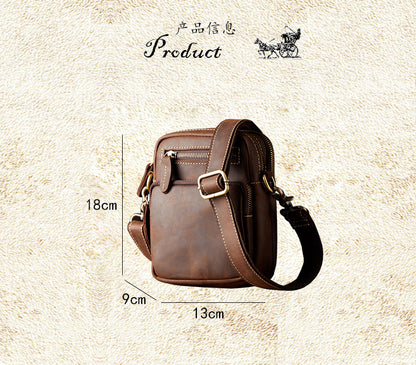 Men's Shoulder Bag Handmade Genuine Cowhide Leather Crazy Horse Retro Casual Fashion Men's Crossbody Bag Smartphone Pouch 