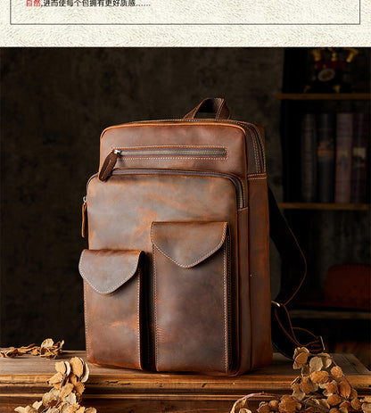 Men's Backpack Genuine Cowhide Leather Crazy Horse Handmade Original Travel Bag Retro Casual Men's Bag 