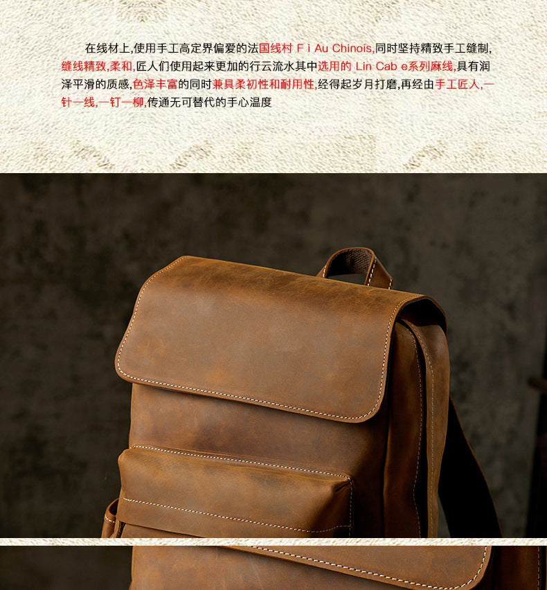 Men's Backpack Handcrafted Genuine Cowhide Leather Fashion Retro Crazy Horse Men's Travel Bag 