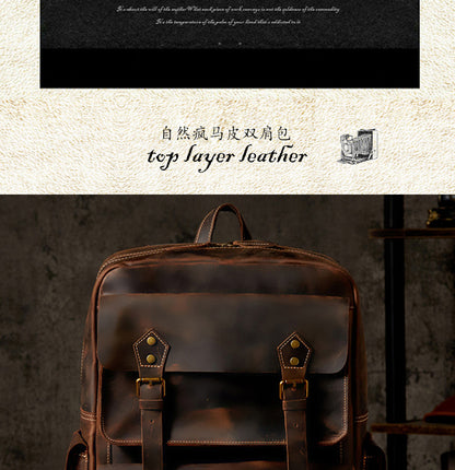 Men's Backpack Handmade Genuine Cowhide Leather Crazy Horse Retro Travel Bag Large Capacity Computer Bag Rucksack 