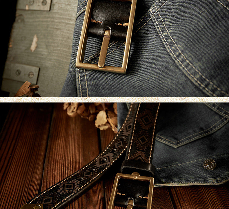 Men's Belt Cowhide Genuine Leather Vintage Handmade Double Sided Dual-use Needle Buckle Work Wear Jeans Fashion Belt for Men 