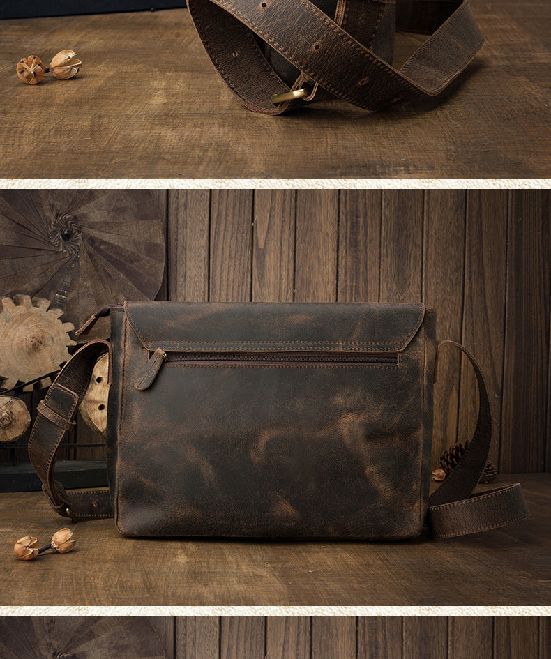 Men's Messenger Bag Handmade Genuine Cowhide Leather Crazy Horse Retro Casual Shoulder Bag Crossbody Computer Bag 