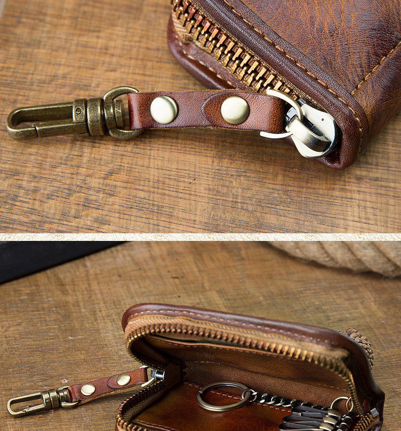 Men's Wallet Handmade Cowhide Genuine Leather Zipper Keychain for Waist Multifunctional Fashion Bag for Men