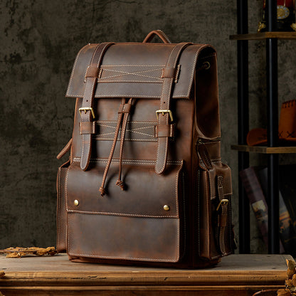 Men's Rucksack Cowhide Large Capacity Handmade Unique Retro Casual Travel Bag for Men 