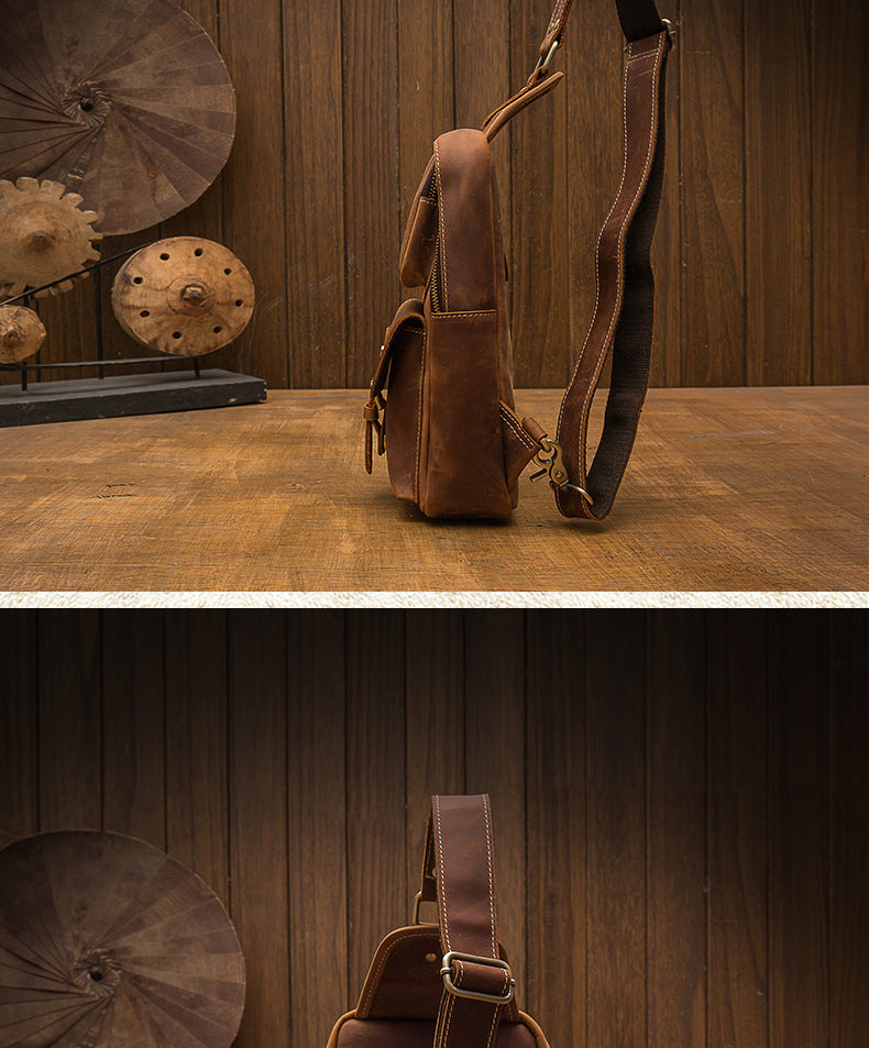 Men's Bust Bag Handmade Genuine Cowhide Leather Crazy Horse Retro Fashion Casual Crossbody Bag Shoulder Bag 