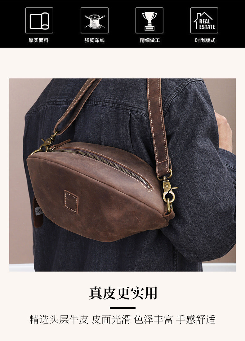 Men's Bust Bag Cowhide Crazy Horse Retro Casual Fashion Shoulder Bag Men's Crossbody Bag Waist Pouch 