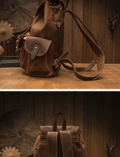 Men's Backpack Cowhide Genuine Leather Handmade Crazy Horse Retro Fashion Outdoor Travel Bag 