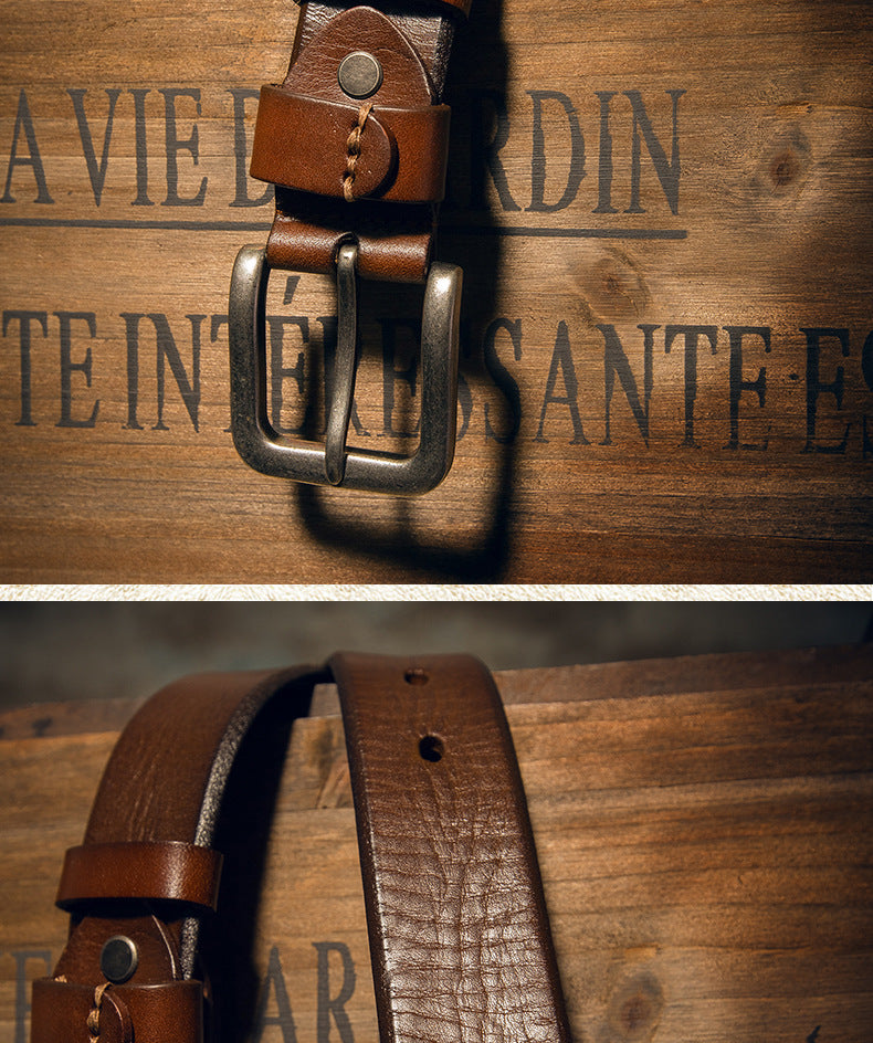 Men's Belt Genuine Cowhide Leather Handmade Needle Buckle Simple Casual Vintage Fashion Men's Belt 