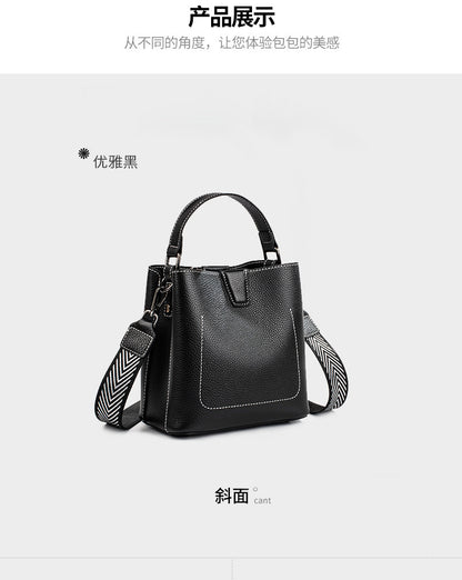 Genuine leather women's bag fashion large capacity cowhide handbag exquisite bucket bag retro shoulder bag that goes with anything. Pochette