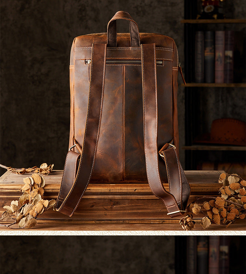 Men's Backpack Genuine Cowhide Leather Crazy Horse Handmade Original Travel Bag Retro Casual Men's Bag 