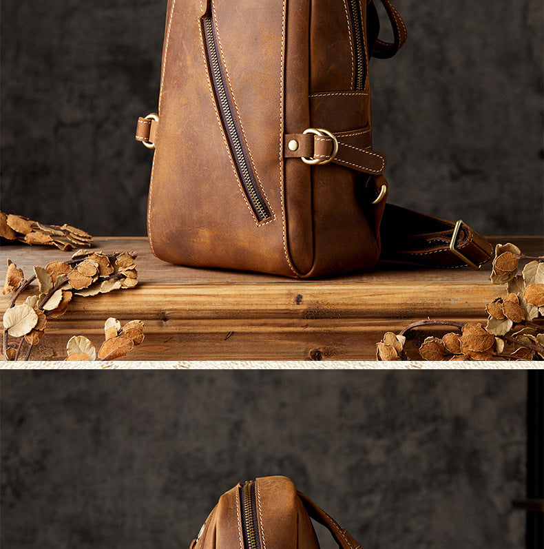 Men's Bust Bag Handmade Genuine Cowhide Leather Retro Fashion Outdoor Casual Crossbody Bag for Men