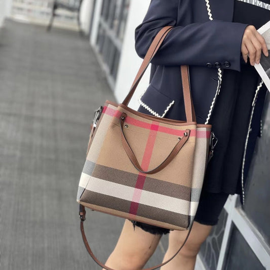 Women's Fashion Casual Campus Genuine Leather Bag Plaid Cowhide Handbag Commuter Bag Tote Bag