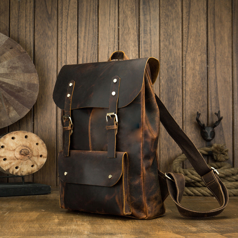 Men's Rucksack Korean Fashion Handmade Cowhide Genuine Leather Crazy Horse Outdoor Travel Bag Casual Computer Bag for Men 