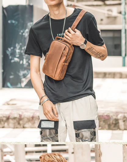 Men's Bust Bag Handmade Genuine Cowhide Leather Fashion Unique Men's Shoulder Bag Crossbody Bag 