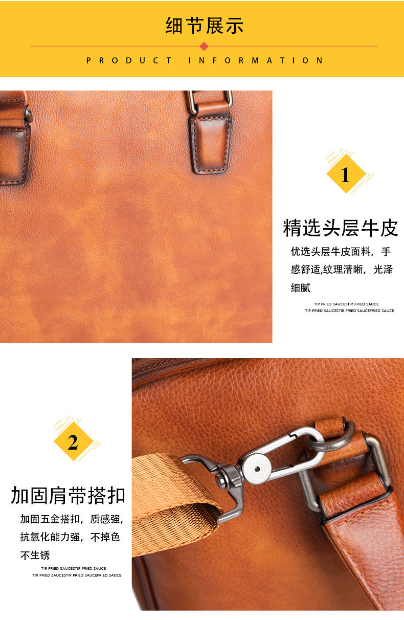 Men's Briefcase Genuine Cowhide Leather Retro Casual Men's Crossbody Bag Handbag 