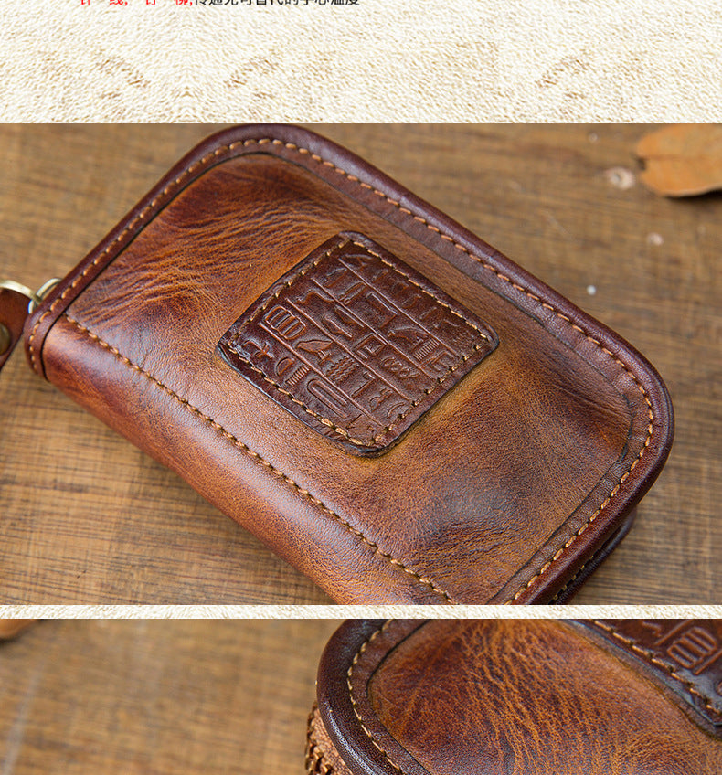 Men's Wallet Handmade Cowhide Genuine Leather Zipper Keychain for Waist Multifunctional Fashion Bag for Men