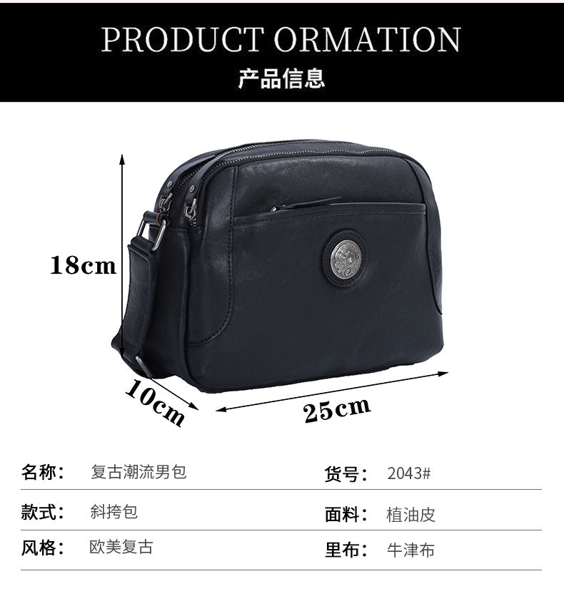 Men's Shoulder Bag Genuine Cowhide Leather Retro Casual Fashion Large Capacity Crossbody Bag for Men 