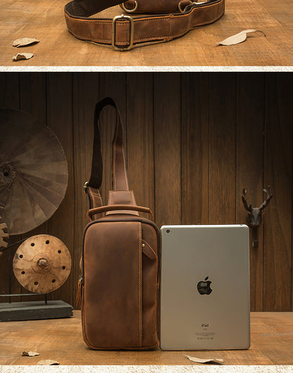 Men's Bust Bag Handmade Genuine Cowhide Leather Fashion Unique Men's Shoulder Bag Crossbody Bag 